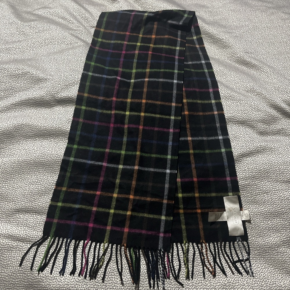 Coach Cashmere Scarf Women's Legacy Fringed Plaid Neck Wrap Black Base Tartan